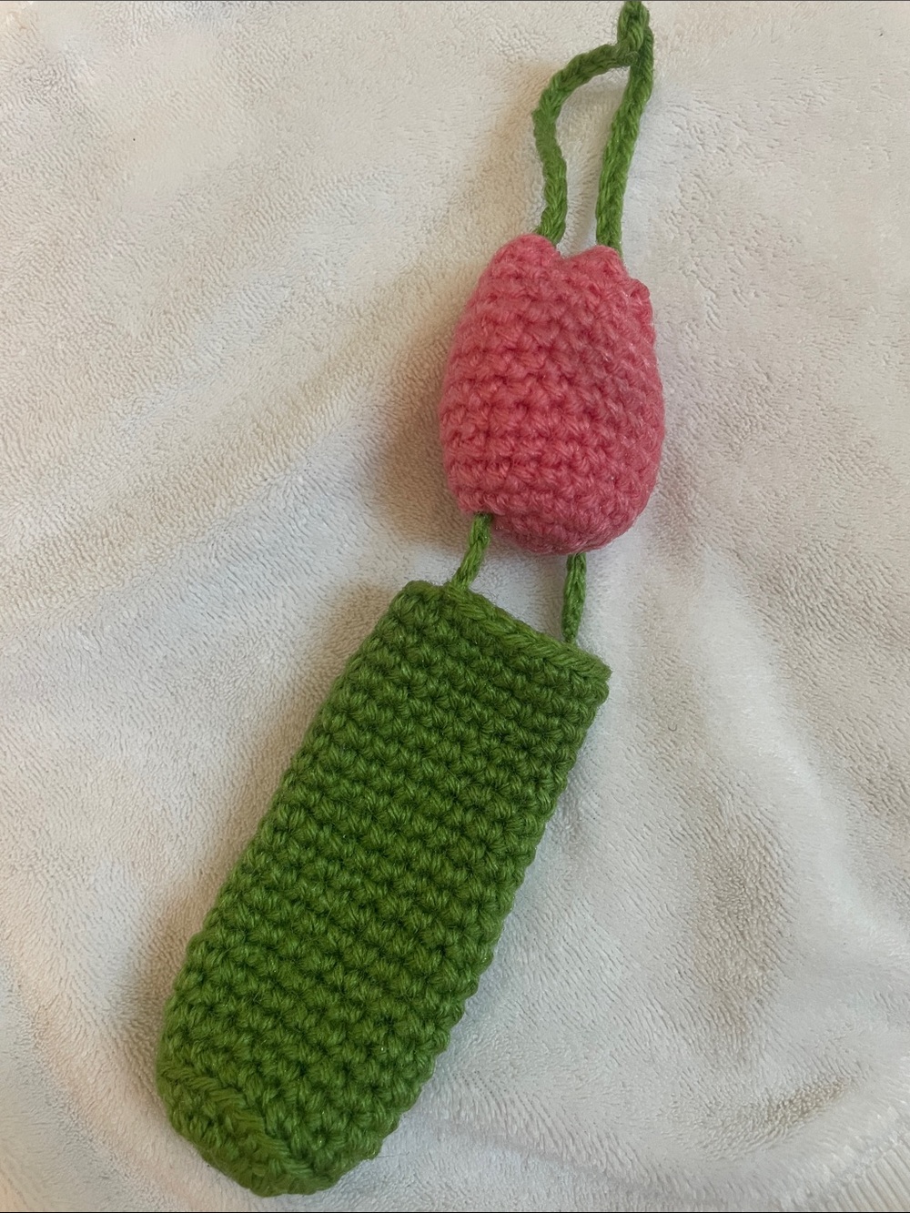Handmade Pink Crochet Tulip Keychain with Green lip blam and lipstick Holder